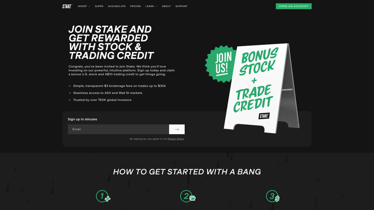 Hello Stake official referral sign-up page showing the bonus stock and trading credit offer at hellostake.com/r/jaymem884